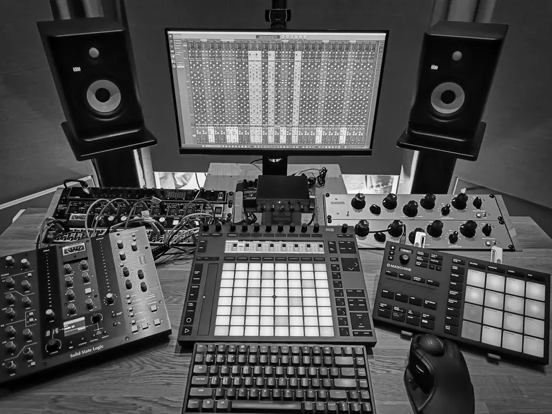 The Negative 1 Studios control room: monitors, SSL controller, Warm Audio EQ, Push and Maschine